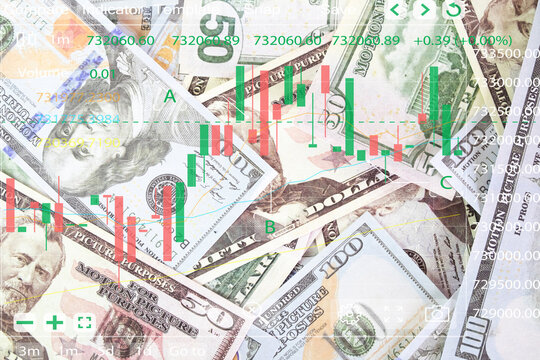 Virtual stock market candlestick chart and financial data dashboard overlay on scattered US dollar bills. Concept of forex trading, business investment, wealth management and global economic growth.