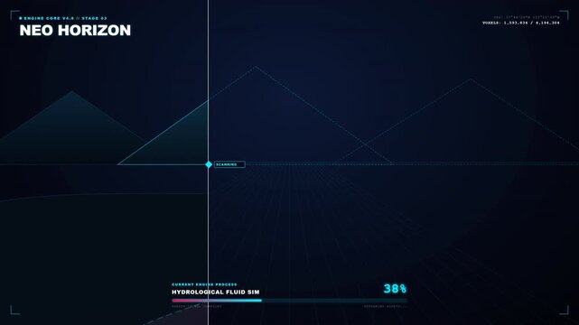 Futuristic digital engine loading screen with mountainous wireframe interface and data scanning HUD elements for high technology software interface projects