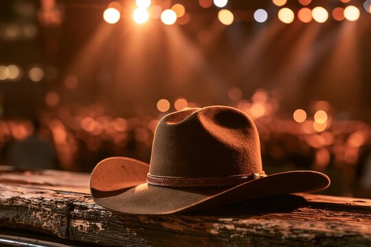 Brown cowboy hat resting on rustic wooden ledge with warm stage lights and concert crowd background