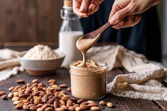 Hand dipping wooden spoon into creamy almond butter jar beside raw nuts