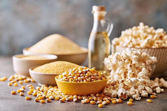Corn kernels in yellow bowl with popcorn and flour on dark surface