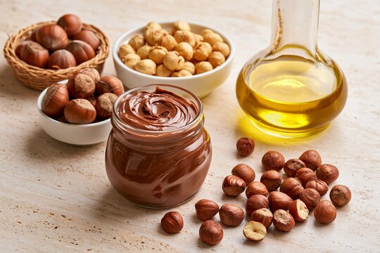 Chocolate hazelnut spread jar and oil bottle with nuts on tabletop