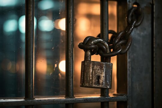 Rusty padlock and heavy iron chain securing metal prison bars in dim light