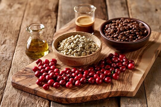 Raw and roasted coffee beans with espresso and oil on wooden cutting board