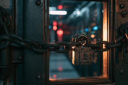 Heavy metal chain securing dark iron door with combination padlock over blurry background