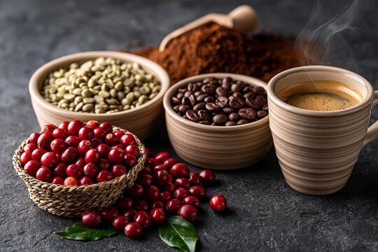 Coffee production stages from raw green beans to roasted beans and espresso