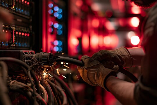 Industrial worker in protective gloves repairing heavy cabling with sparks in dim facility