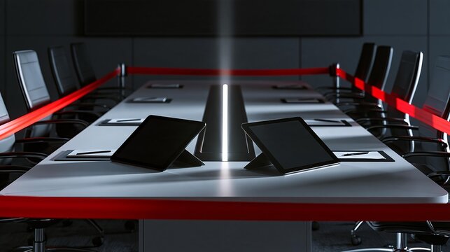 Modern boardroom table with tablets and chairs surrounded by red stanchion rope in dark office