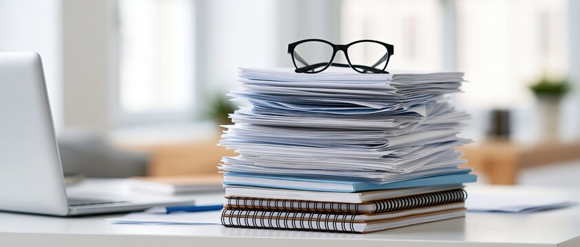 Stacked documents and laptop on office desk, eyeglasses on paper files, modern workplace scene, business paperwork and document organization concept