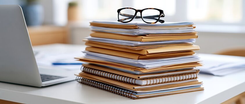 Stacked documents and laptop on office desk, eyeglasses on paper files, modern workplace scene, business paperwork and document organization concept