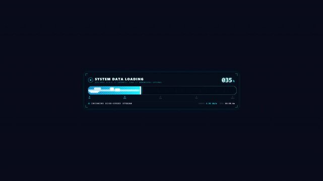Digital system data loading progress bar featuring blue glowing interface elements and technical packet stream indicators for futuristic computing screen displays