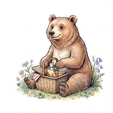 Illustration of a bear sitting with a picnic basket among wildflowers