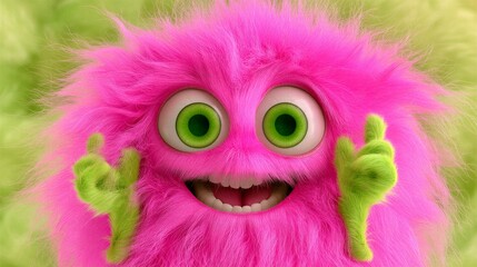 Obraz premium Cute Fluffy Pink Furry Monster with Big Green Eyes Isolated Soft Green Background