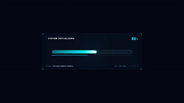 Futuristic digital progress bar interface loading system assets with glowing blue neon elements for high tech software update user experiences