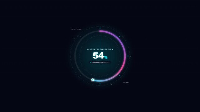 Digital system optimization interface with a glowing circular progress indicator loading at sixty two percent for futuristic technological data analysis