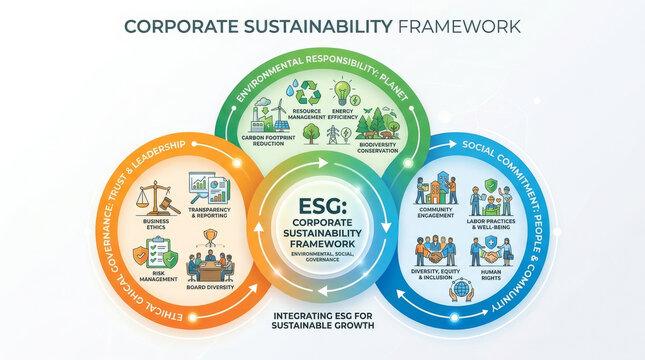 Corporate sustainability framework infographic showing ESG environmental social and governance goals