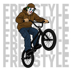 Fototapeta premium Clown BMX Rider Performing Freestyle Bicycle Stunt Vector Illustration
