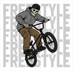 Fototapeta premium Skull BMX Rider Wearing Hoodie and Cap Riding Bicycle Vector Illustration