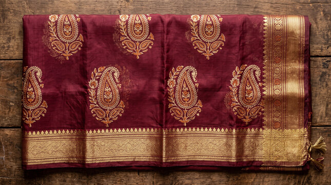 Rich maroon silk saree draped on rustic dark wood surface featuring intricate golden paisley patterns and traditional zari border