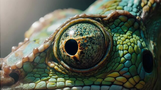Macro chameleon&rsquo;s eye rotating independently