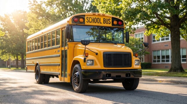 Classic yellow school bus parked in front of a brick school building during a sunny morning, capturing back-to-school season and student safety for educational marketing and enrollment.