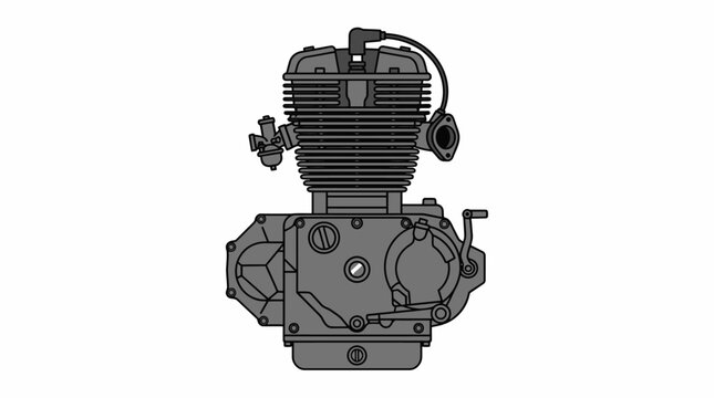 Detailed illustration of a motorcycle engine on a white background.