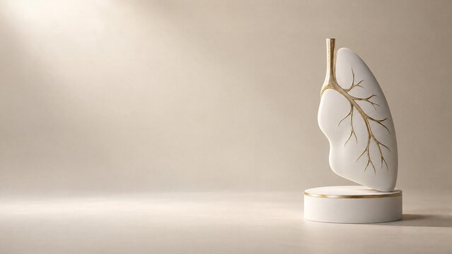 White single lung lobe with gold bronchial tree pattern on porcelain pedestal