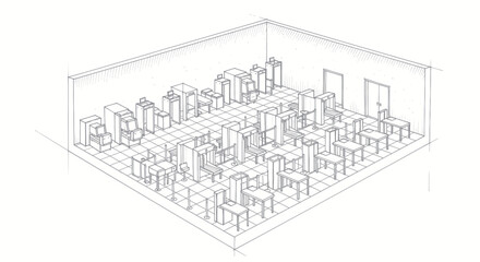 Obraz premium Industrial Isometric Sketch of Modern Office Cubicles with Workstations Filing Cabinets and Partition Walls