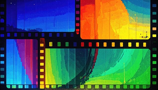 Colorful film frame montage with rainbow gradients.