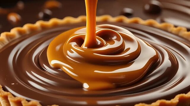 Food video of molten caramel cream pouring over a chocolate tart, swirling naturally and create glossy patterns