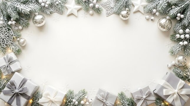 Christmas white silver frame background with gifts ornaments pine branches and copy space