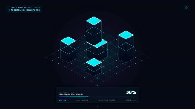 Abstract digital world building interface featuring glowing blue isometric cubes on a synchronized grid loading in a futuristic tech environment