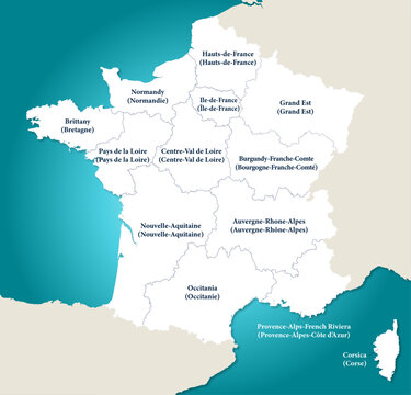 France Map with Regional Borders, Names, Drop Shadow, and Ocean Gradient Background