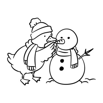 silly duck making a snowman vector illustration