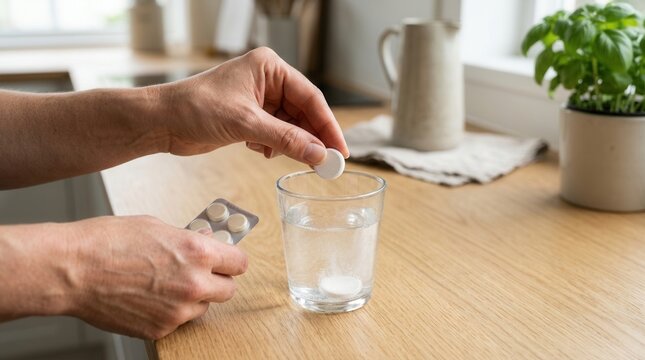Close-up of hands dropping effervescent tablet into glass of water on wooden kitchen counter, home wellness and self-care.