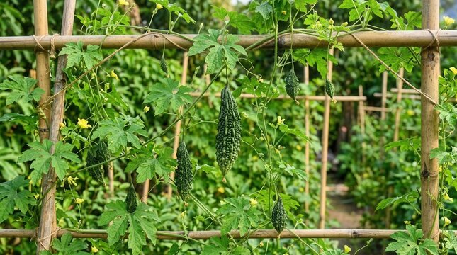 Bitter Melon Growing On Bamboo Trellis In Tropical Garden