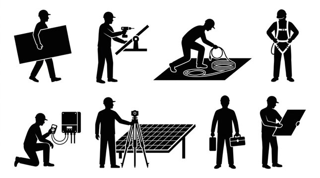 Solar panel installation worker silhouettes vector set isolated on white
