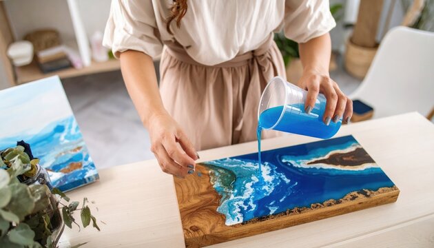 Woman Creating Resin Art with Blue Ocean Wave Effect on Wood Board