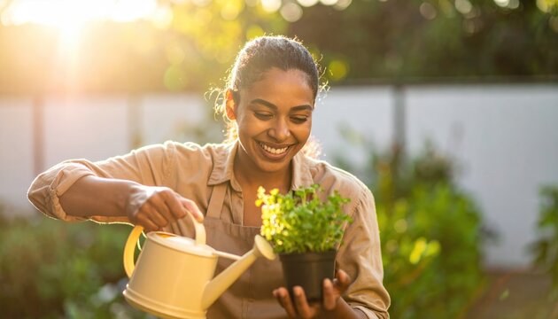 Happy Young Woman Gardening Watering a Potted Herb Plant in a Sunny Backyard