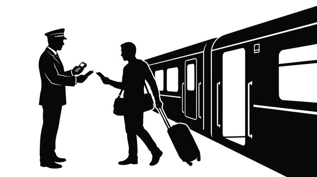 Professional railway conductor checking tickets for a passenger carrying luggage near a modern train carriage in this stark black and white high contrast vector silhouette illustration