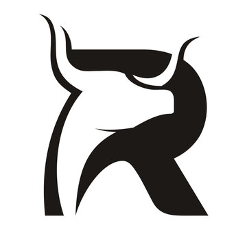Letter R with Bull, negative space style logo, black logo vector.