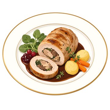 Stuffed chicken roulade with vegetables on a white plate