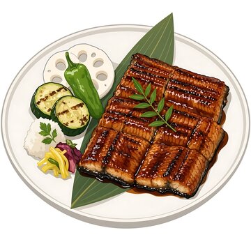 Grilled eel fillet with vegetables on a white plate
