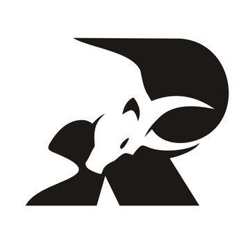 Letter R with Bull, negative space style logo, black logo vector.