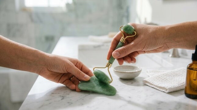 Close-up of hands holding jade face roller and gua sha tool, skincare routine, beauty and wellness products on marble countertop