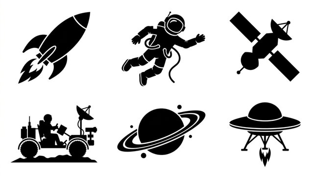 Set of black space exploration icons flat vector design element for web isolated