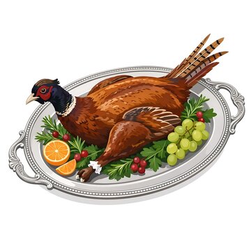 Roasted pheasant on a silver platter with fruits and herbs