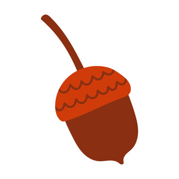 Flat vector illustration of a brown acorn with a wavy textured cap. Isolated fall forest seed clipart on white background for autumn cards and promotional designs
