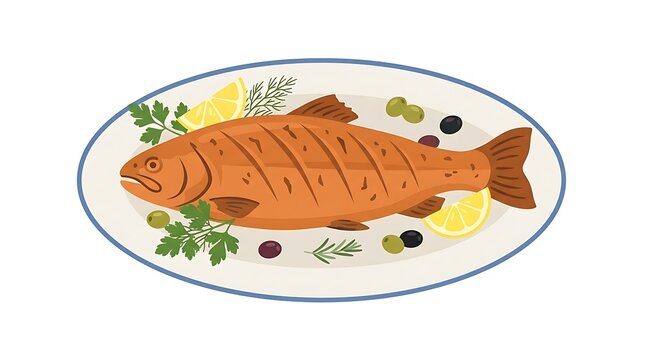 Cooked whole fish on a plate with herbs and lemon slices