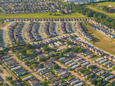 Aerial view of suburban housing and mobile home park